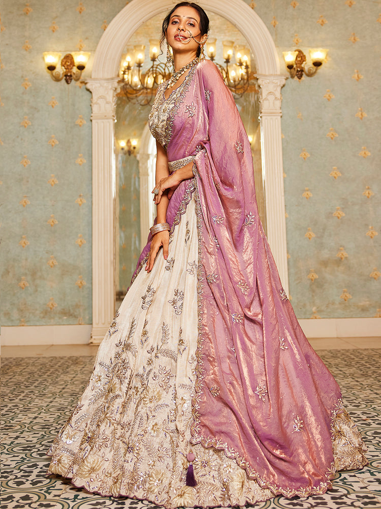 Beige Purple Viscos fabric Sequins work Semi-Stitched Lehenga choli & Dupatta ClothsVilla