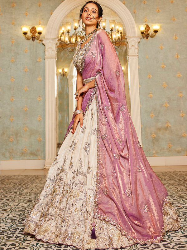 Beige Purple Viscos fabric Sequins work Semi-Stitched Lehenga choli & Dupatta ClothsVilla