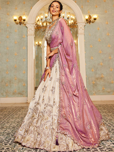 Beige Purple Viscos fabric Sequins work Semi-Stitched Lehenga choli & Dupatta ClothsVilla