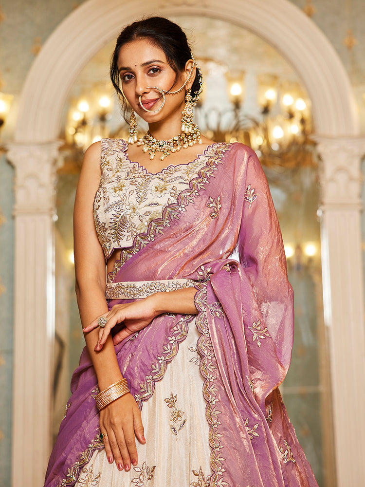 Beige Purple Viscos fabric Sequins work Semi-Stitched Lehenga choli & Dupatta ClothsVilla