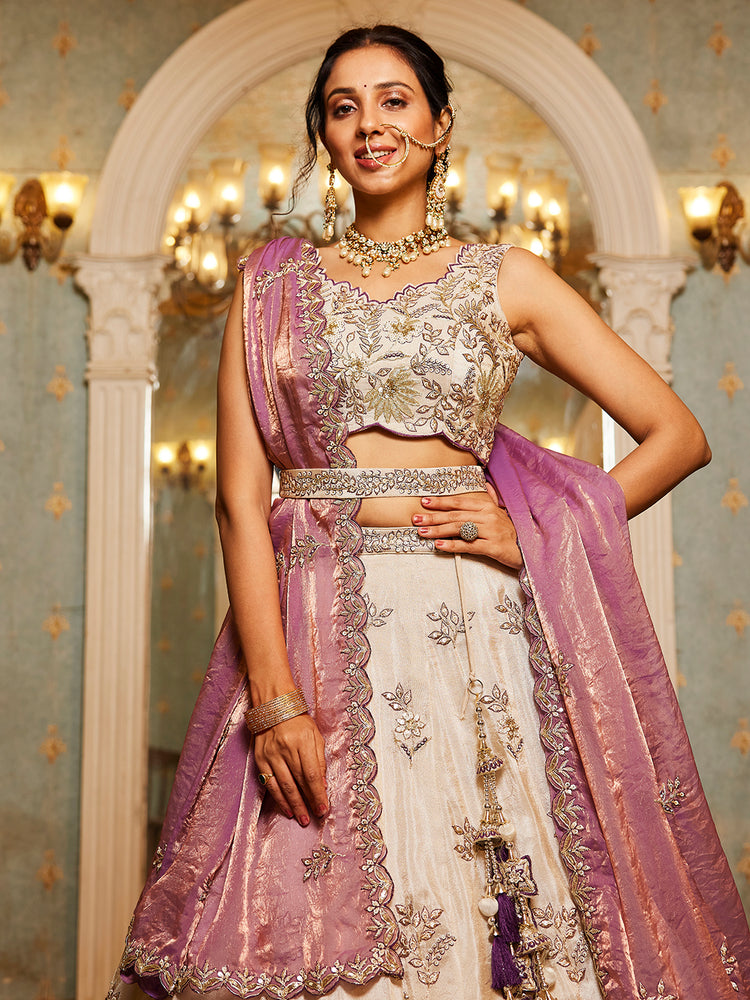Beige Purple Viscos fabric Sequins work Semi-Stitched Lehenga choli & Dupatta ClothsVilla