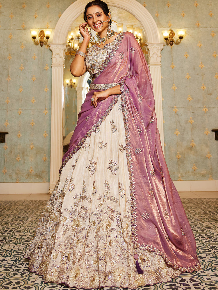 Beige Purple Viscos fabric Sequins work Semi-Stitched Lehenga choli & Dupatta ClothsVilla