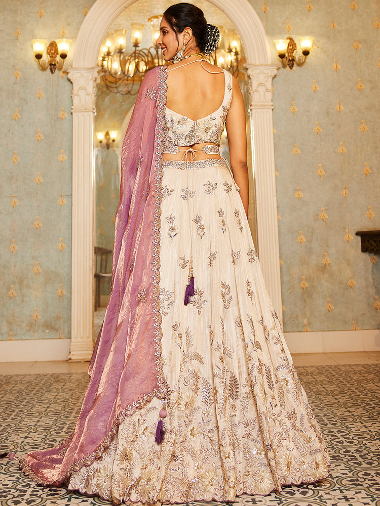 Beige Purple Viscos fabric Sequins work Semi-Stitched Lehenga choli & Dupatta ClothsVilla