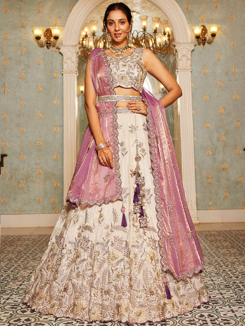 Beige Purple Viscos fabric Sequins work Semi-Stitched Lehenga choli & Dupatta ClothsVilla Main image