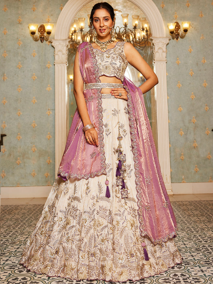 Beige Purple Viscos fabric Sequins work Semi-Stitched Lehenga choli & Dupatta ClothsVilla