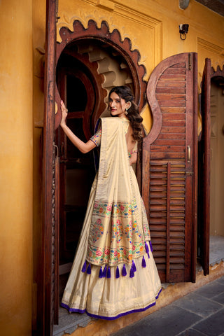 Beige Royal Gold Shimmer Paithani Zari Weaving Lehenga Choli Set with Tassel Dupatta – Stitched Ensemble with Canvas & Can-can Flair Clothsvilla