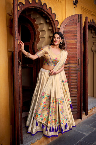 Beige Royal Gold Shimmer Paithani Zari Weaving Lehenga Choli Set with Tassel Dupatta – Stitched Ensemble with Canvas & Can-can Flair Clothsvilla