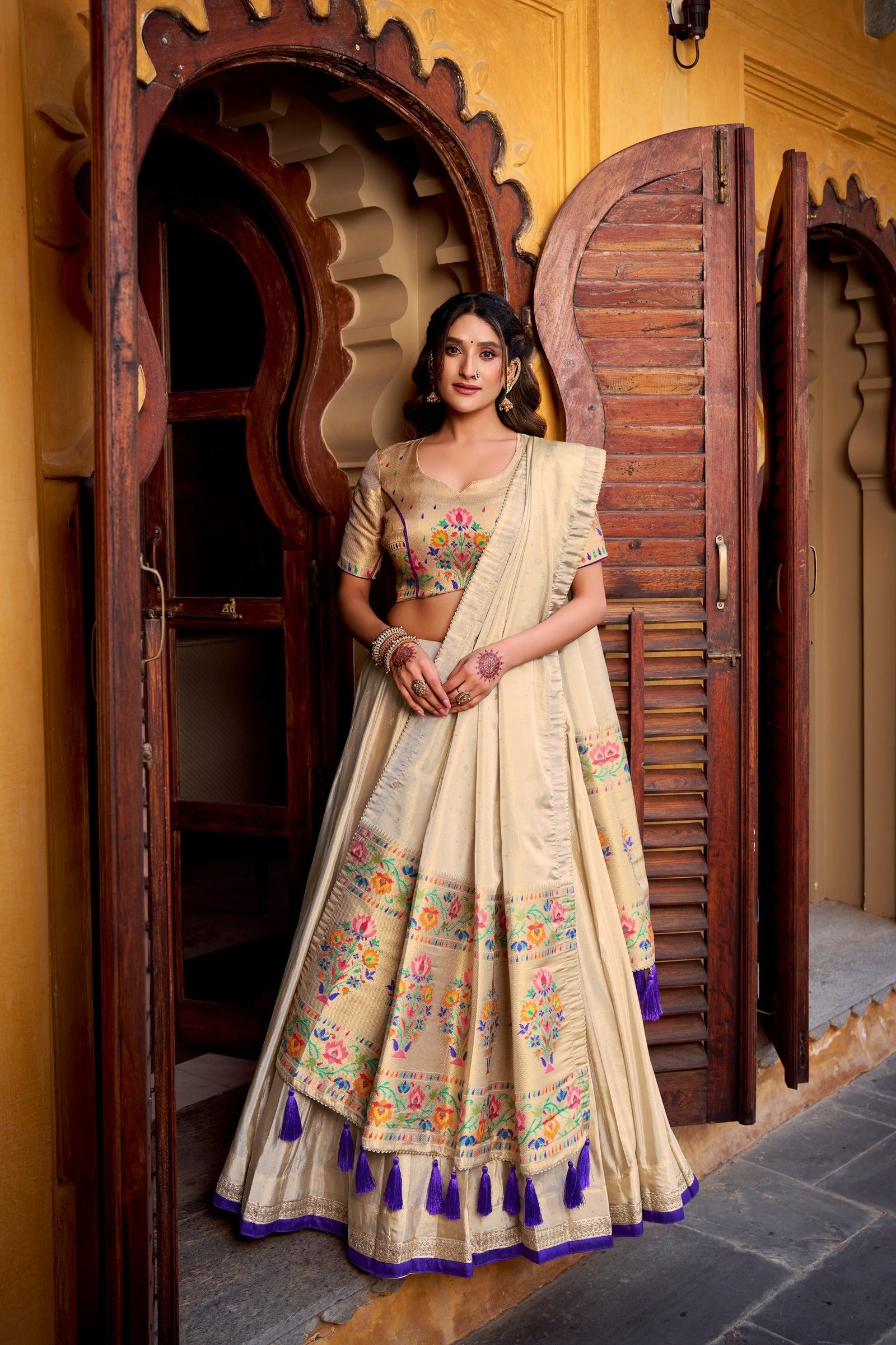 Beige Royal Gold Shimmer Paithani Zari Weaving Lehenga Choli Set with Tassel Dupatta – Stitched Ensemble with Canvas & Can-can Flair Clothsvilla