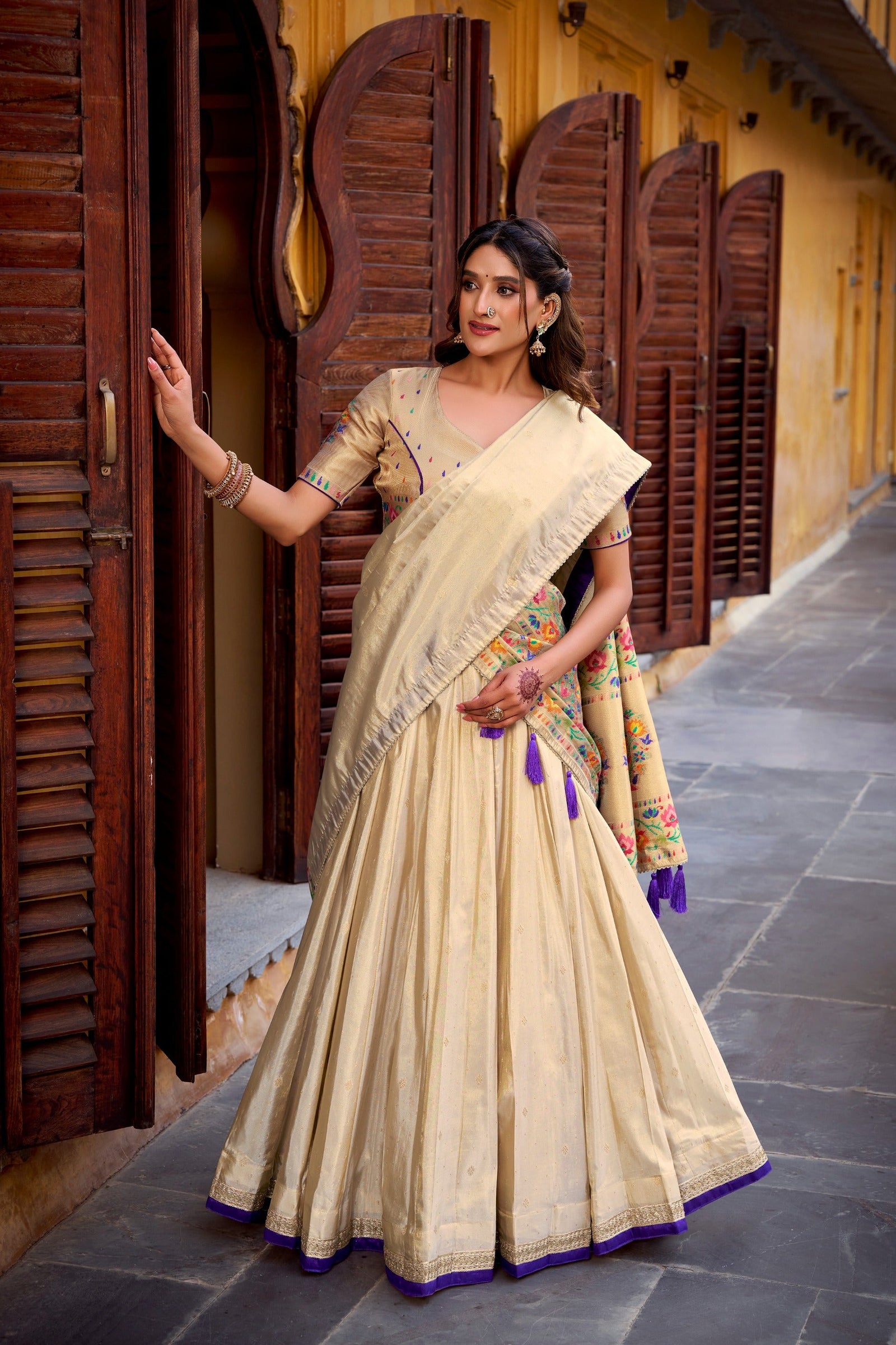 Beige Royal Gold Shimmer Paithani Zari Weaving Lehenga Choli Set with Tassel Dupatta – Stitched Ensemble with Canvas & Can-can Flair Clothsvilla