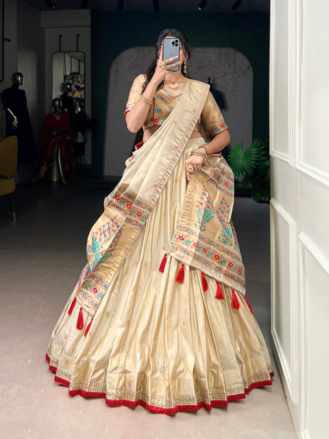 Beige Royal Gold Shimmer Paithani Zari Weaving Lehenga Choli Set with Tassel Dupatta – Stitched Ensemble with Canvas & Can-can Flair Clothsvilla Main image