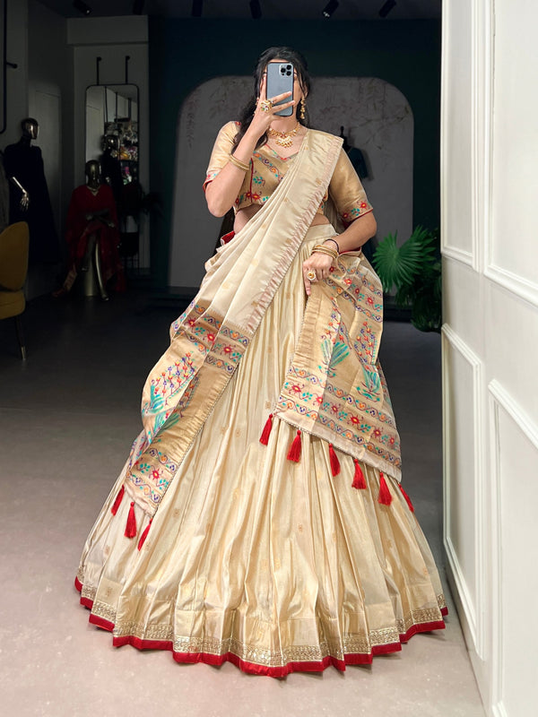 Beige Royal Gold Shimmer Paithani Zari Weaving Lehenga Choli Set with Tassel Dupatta – Stitched Ensemble with Canvas & Can-can Flair Clothsvilla