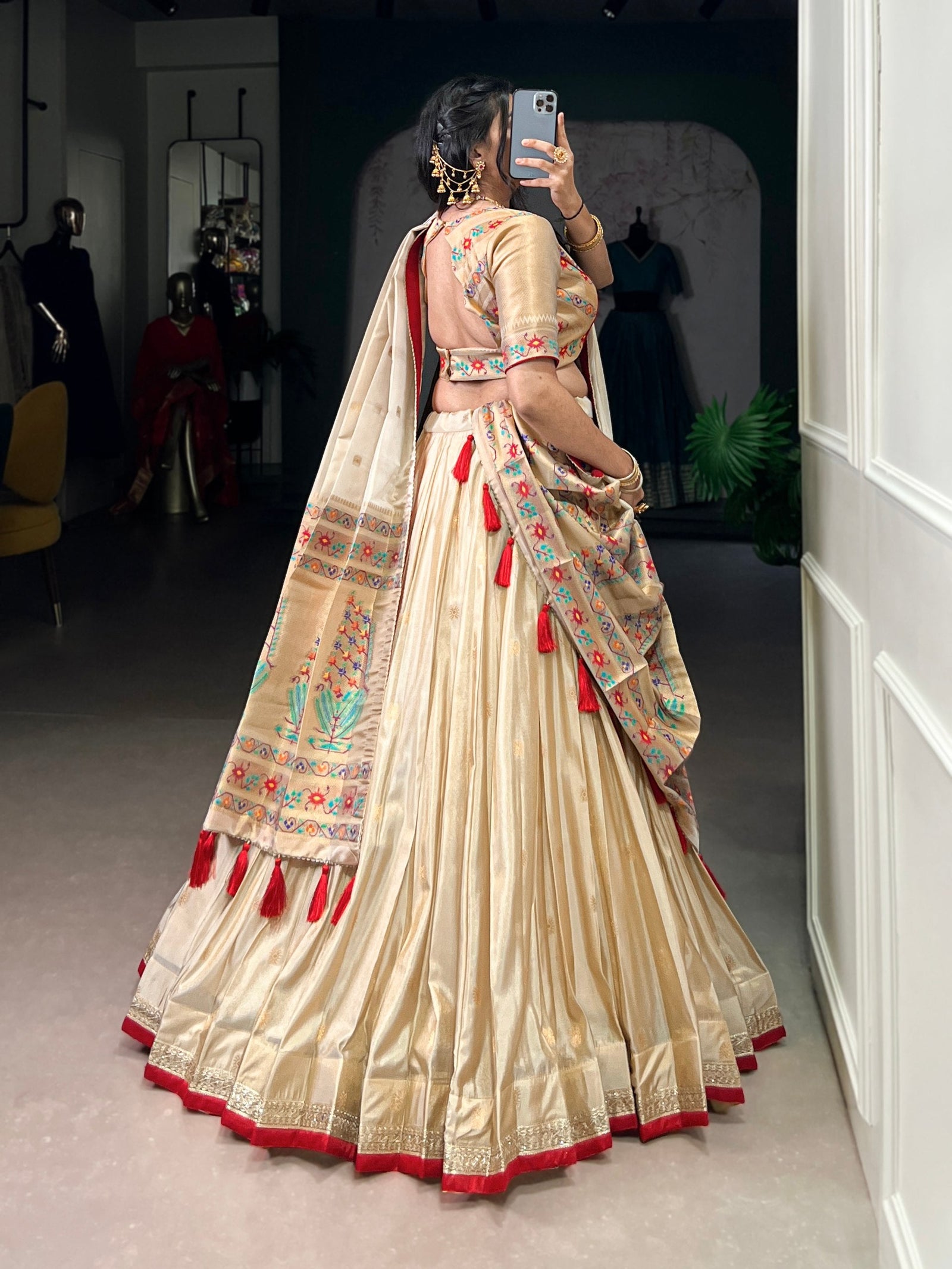 Beige Royal Gold Shimmer Paithani Zari Weaving Lehenga Choli Set with Tassel Dupatta – Stitched Ensemble with Canvas & Can-can Flair Clothsvilla