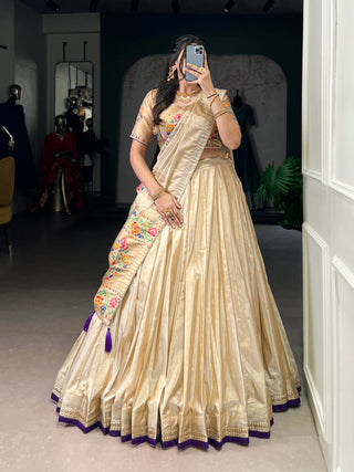 Beige Royal Gold Shimmer Paithani Zari Weaving Lehenga Choli Set with Tassel Dupatta – Stitched Ensemble with Canvas & Can-can Flair Clothsvilla