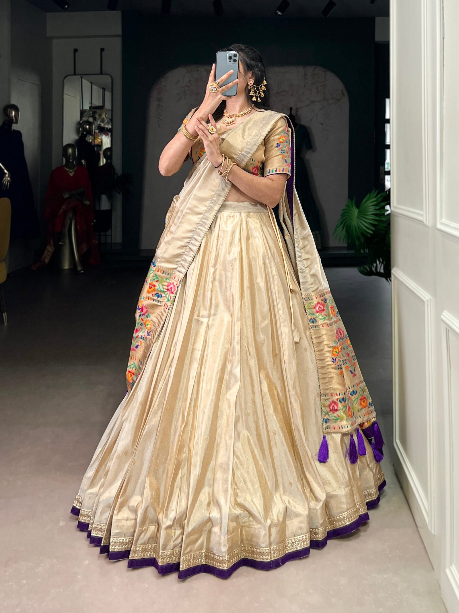 Beige Royal Gold Shimmer Paithani Zari Weaving Lehenga Choli Set with Tassel Dupatta – Stitched Ensemble with Canvas & Can-can Flair Clothsvilla
