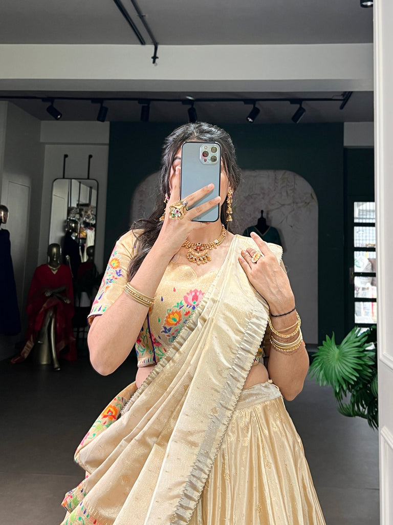 Beige Royal Gold Shimmer Paithani Zari Weaving Lehenga Choli Set with Tassel Dupatta – Stitched Ensemble with Canvas & Can-can Flair Clothsvilla
