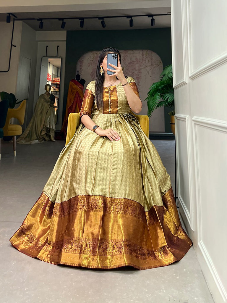 Beige Self-Design Aura Zari Weave Gown Dress ClothsVilla