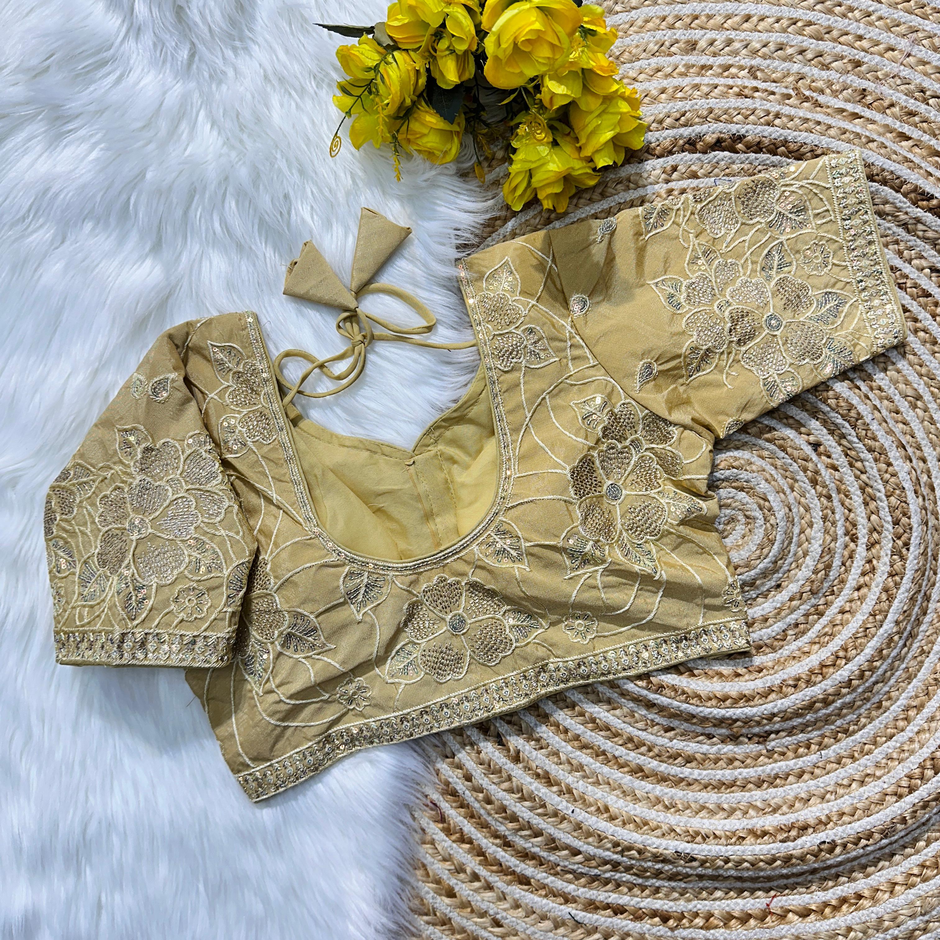 値下げ　美品　Sheer Embroidery Blouse White net sheer yoke blouse with cutdana full sleeves, Made to