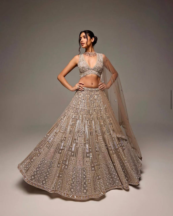 Beige Special Moments Net Lehenga Set with Sequins, Dori & Thread Work — Shine Bright! ClothsVilla