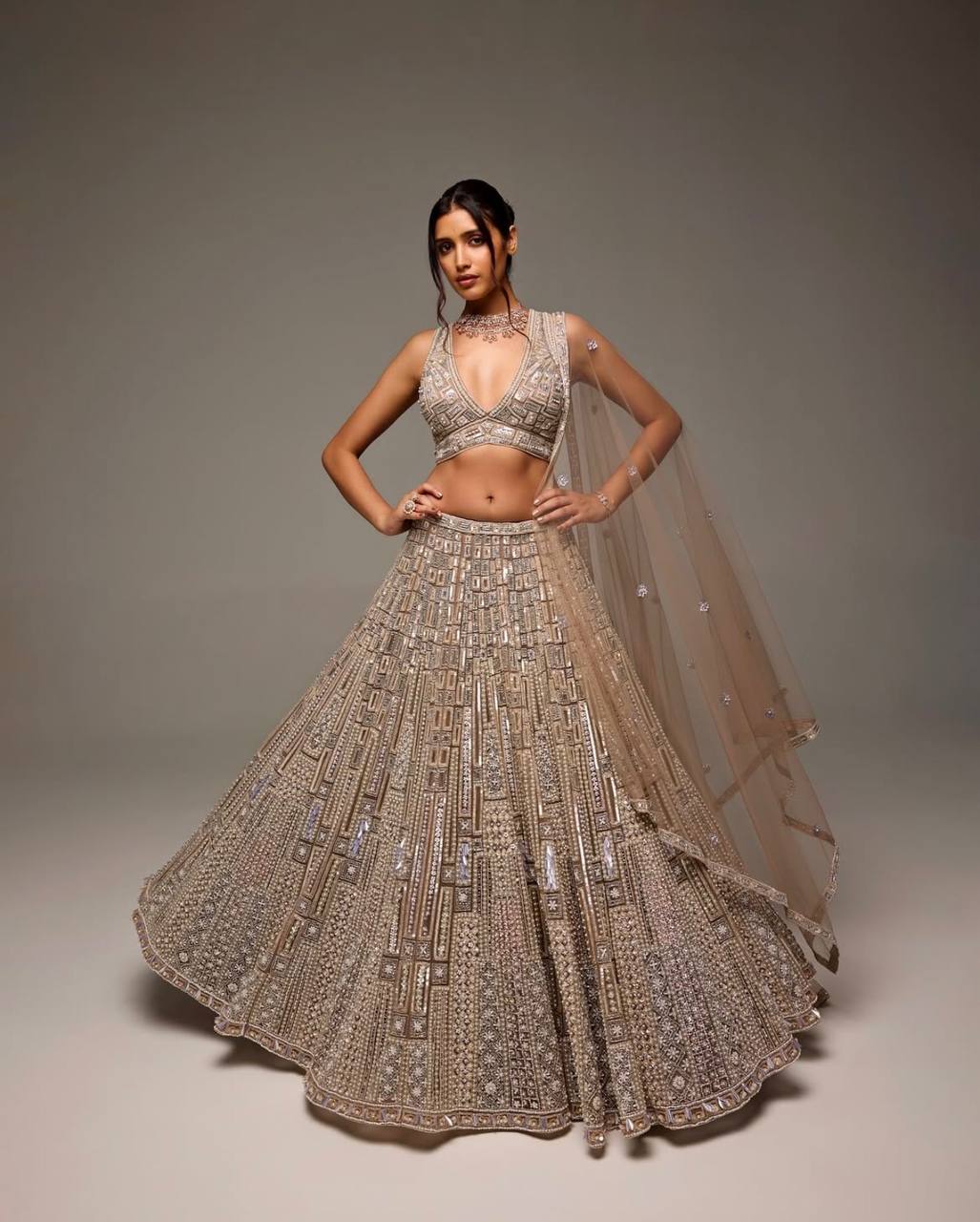 Beige Special Moments Net Lehenga Set with Sequins, Dori & Thread Work — Shine Bright! ClothsVilla Main image