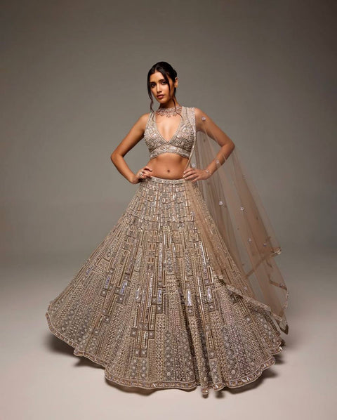 Beige Special Moments Net Lehenga Set with Sequins, Dori & Thread Work — Shine Bright! ClothsVilla Main image
