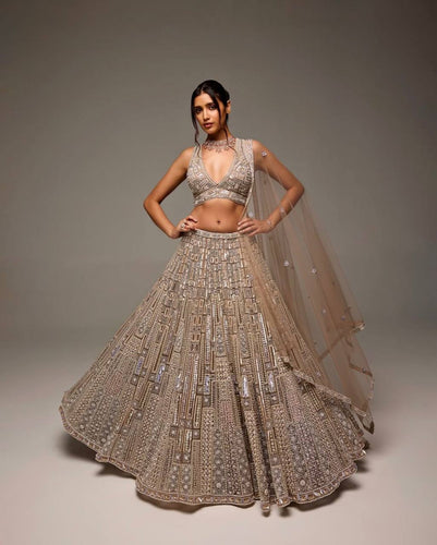 Beige Special Moments Net Lehenga Set with Sequins, Dori & Thread Work — Shine Bright! ClothsVilla