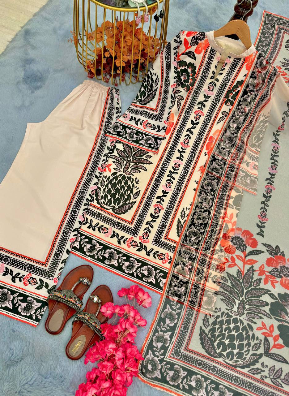 Beige Trendy Pure American Crepe Digital Print Co-Ord Set with Chiffon Georgette Dupatta ClothsVilla