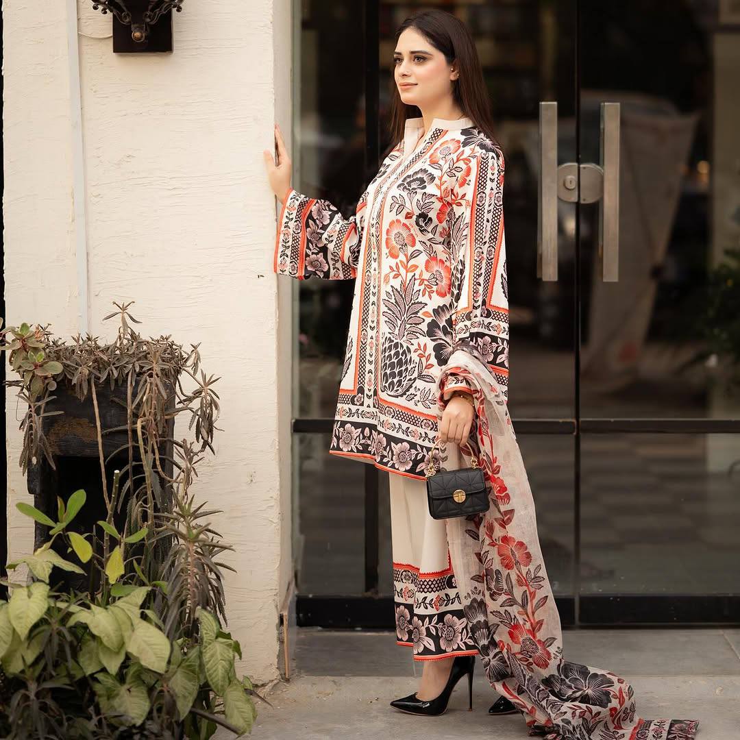 Beige Trendy Pure American Crepe Digital Print Co-Ord Set with Chiffon Georgette Dupatta ClothsVilla