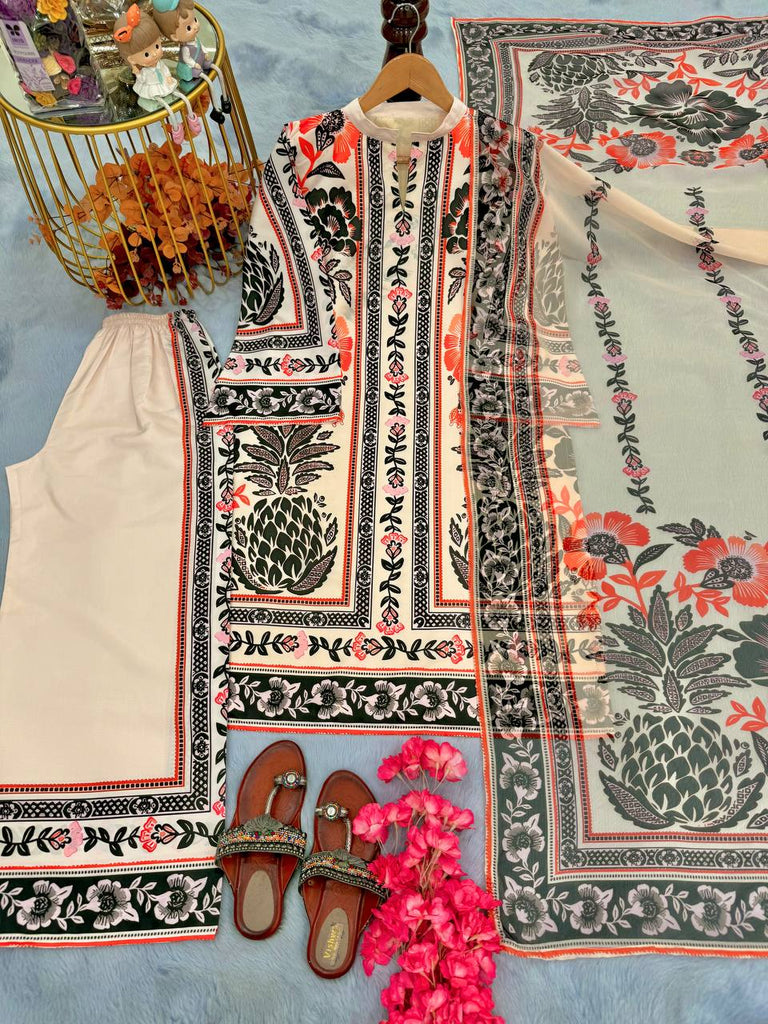 Beige Trendy Pure American Crepe Digital Print Co-Ord Set with Chiffon Georgette Dupatta ClothsVilla