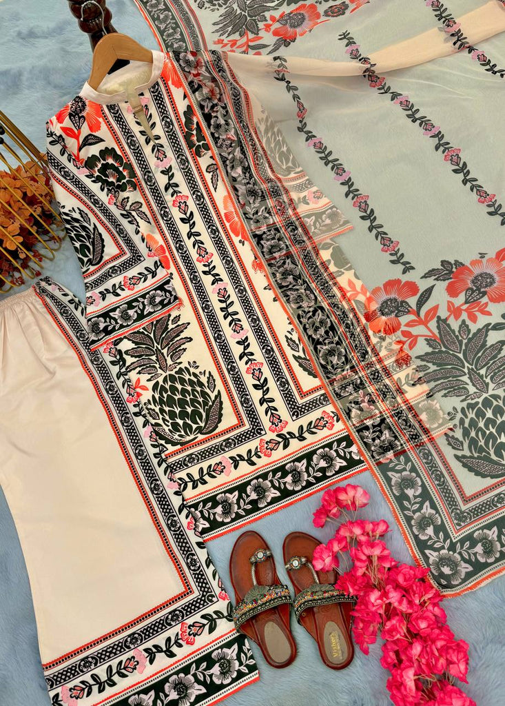 Beige Trendy Pure American Crepe Digital Print Co-Ord Set with Chiffon Georgette Dupatta ClothsVilla