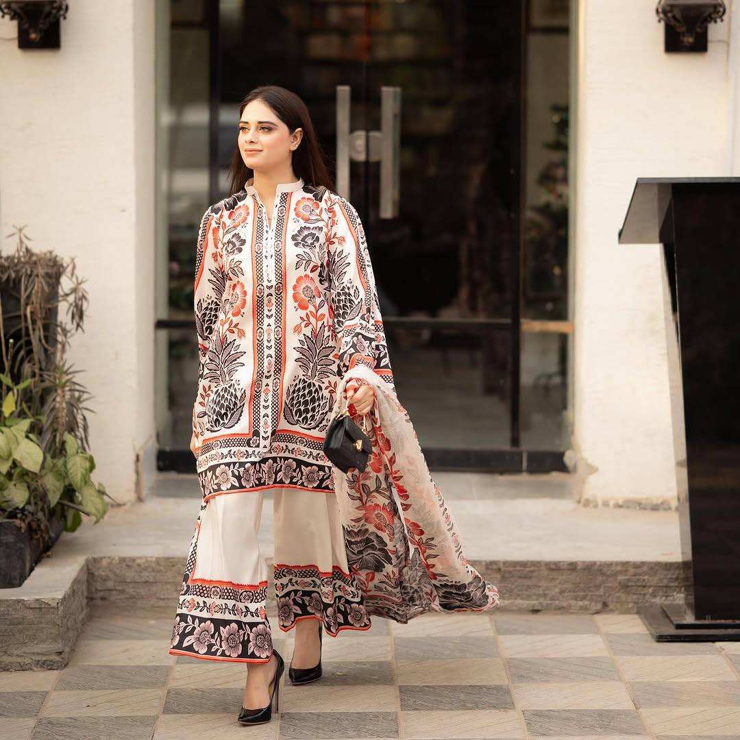 Beige Trendy Pure American Crepe Digital Print Co-Ord Set with Chiffon Georgette Dupatta ClothsVilla