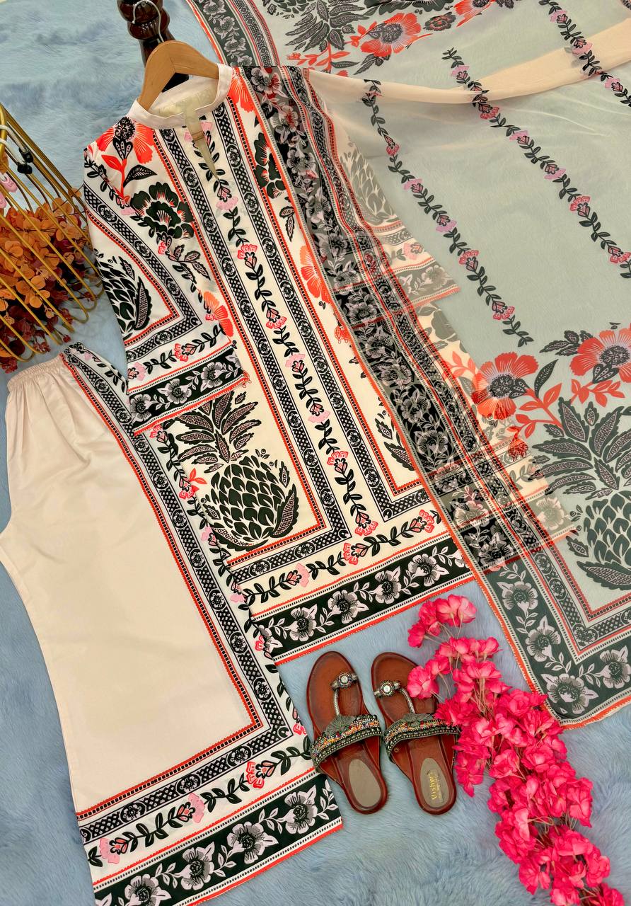 Beige Trendy Pure American Crepe Digital Print Co-Ord Set with Chiffon Georgette Dupatta ClothsVilla