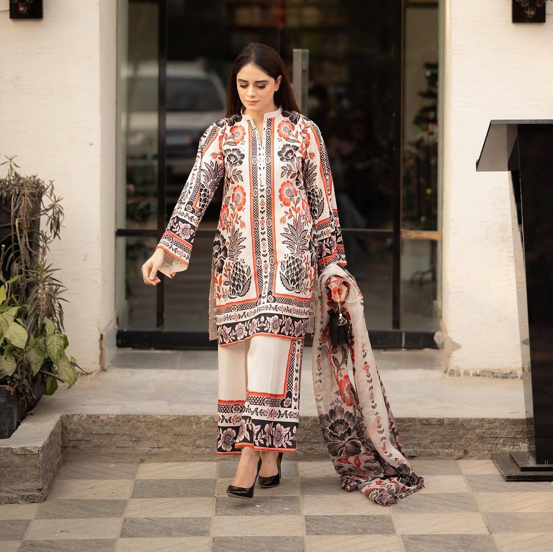 Beige Trendy Pure American Crepe Digital Print Co-Ord Set with Chiffon Georgette Dupatta ClothsVilla Main image