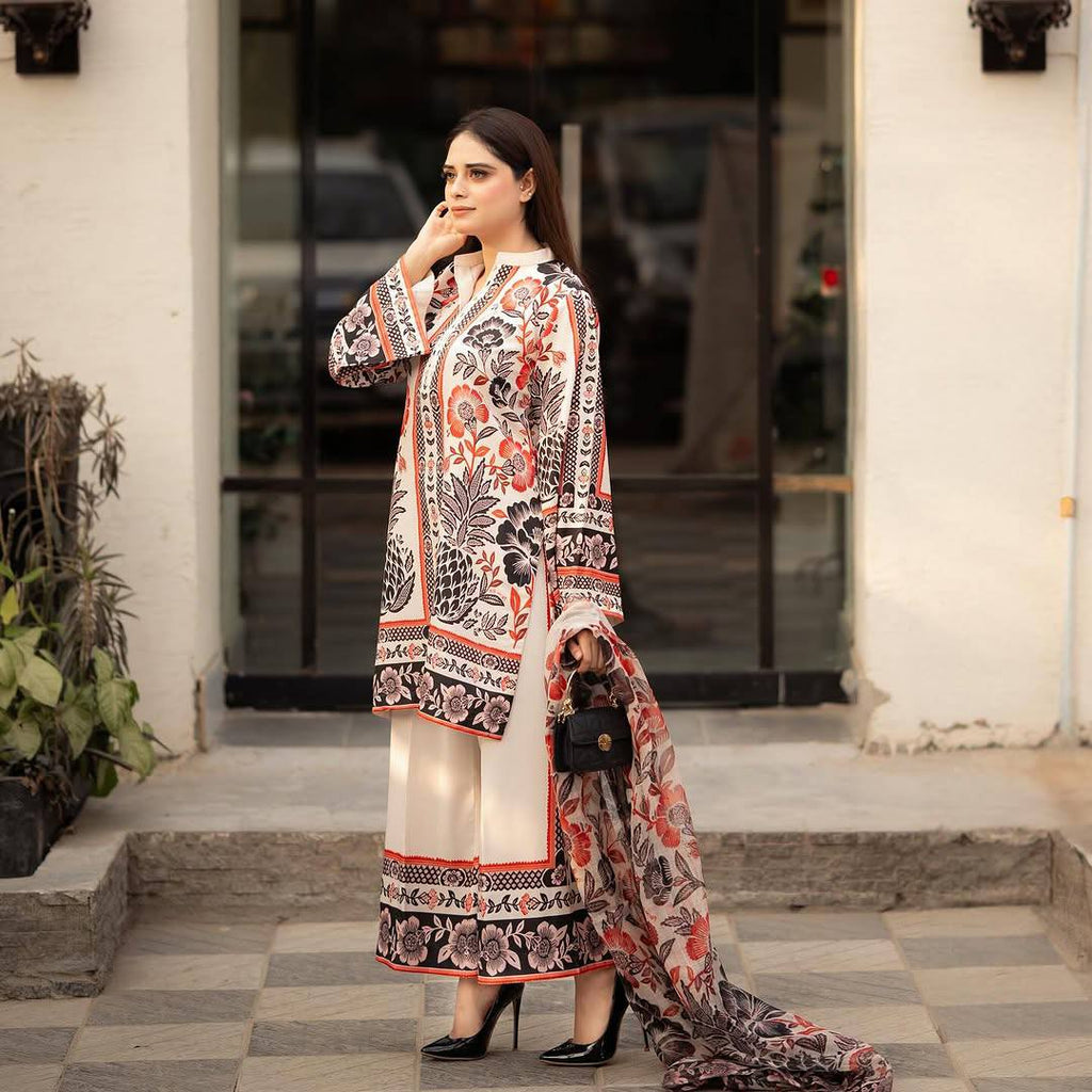Beige Trendy Pure American Crepe Digital Print Co-Ord Set with Chiffon Georgette Dupatta ClothsVilla
