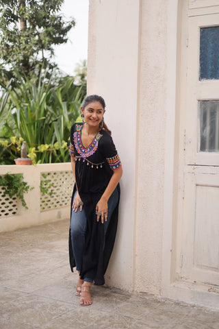 Black 14 Kg Rayon Kutchi Gamthi Embroidered Kurti ClothsVilla