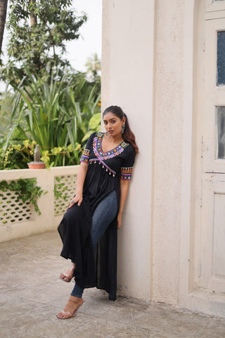 Black 14 Kg Rayon Kutchi Gamthi Embroidered Kurti ClothsVilla