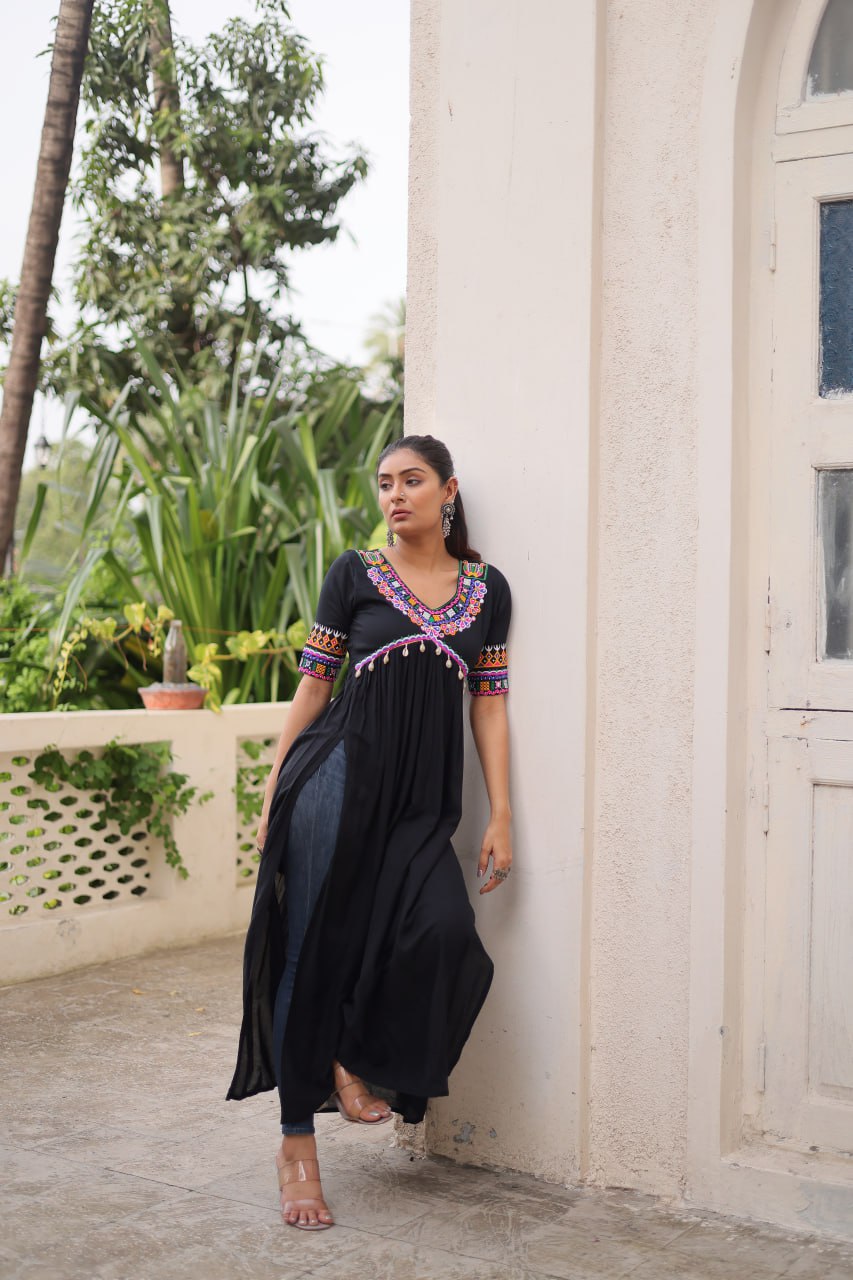 Black 14 Kg Rayon Kutchi Gamthi Embroidered Kurti ClothsVilla