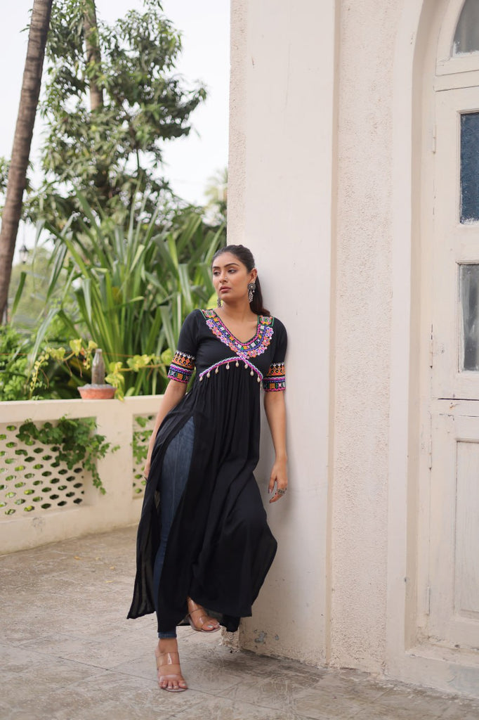 Black 14 Kg Rayon Kutchi Gamthi Embroidered Kurti ClothsVilla