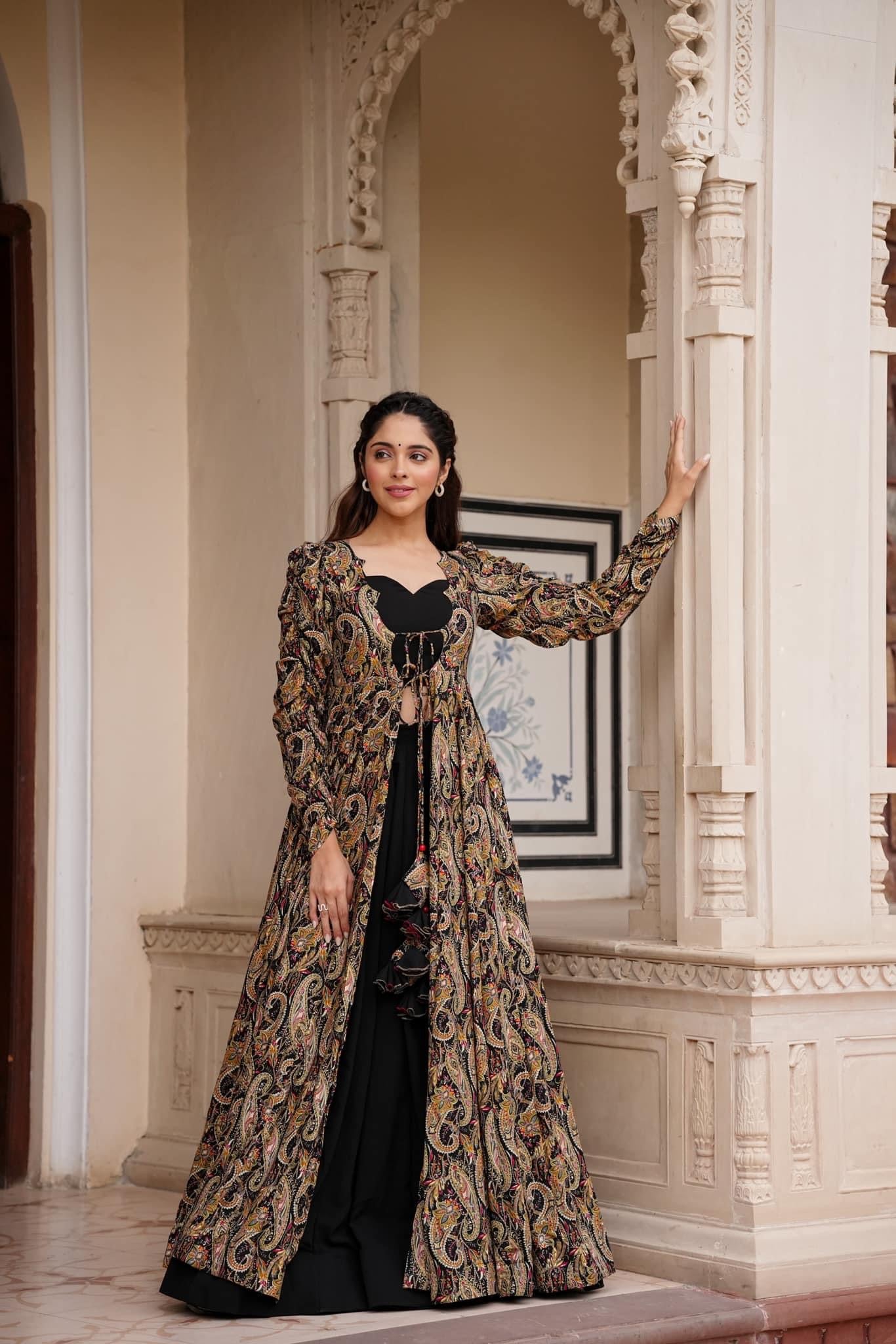 Black 3-Piece Designer Suit: Crop Top, Palazzo Pants & Shrug ClothsVilla
