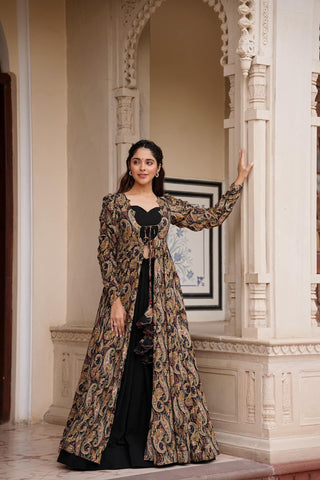 Black 3-Piece Designer Suit: Crop Top, Palazzo Pants & Shrug ClothsVilla