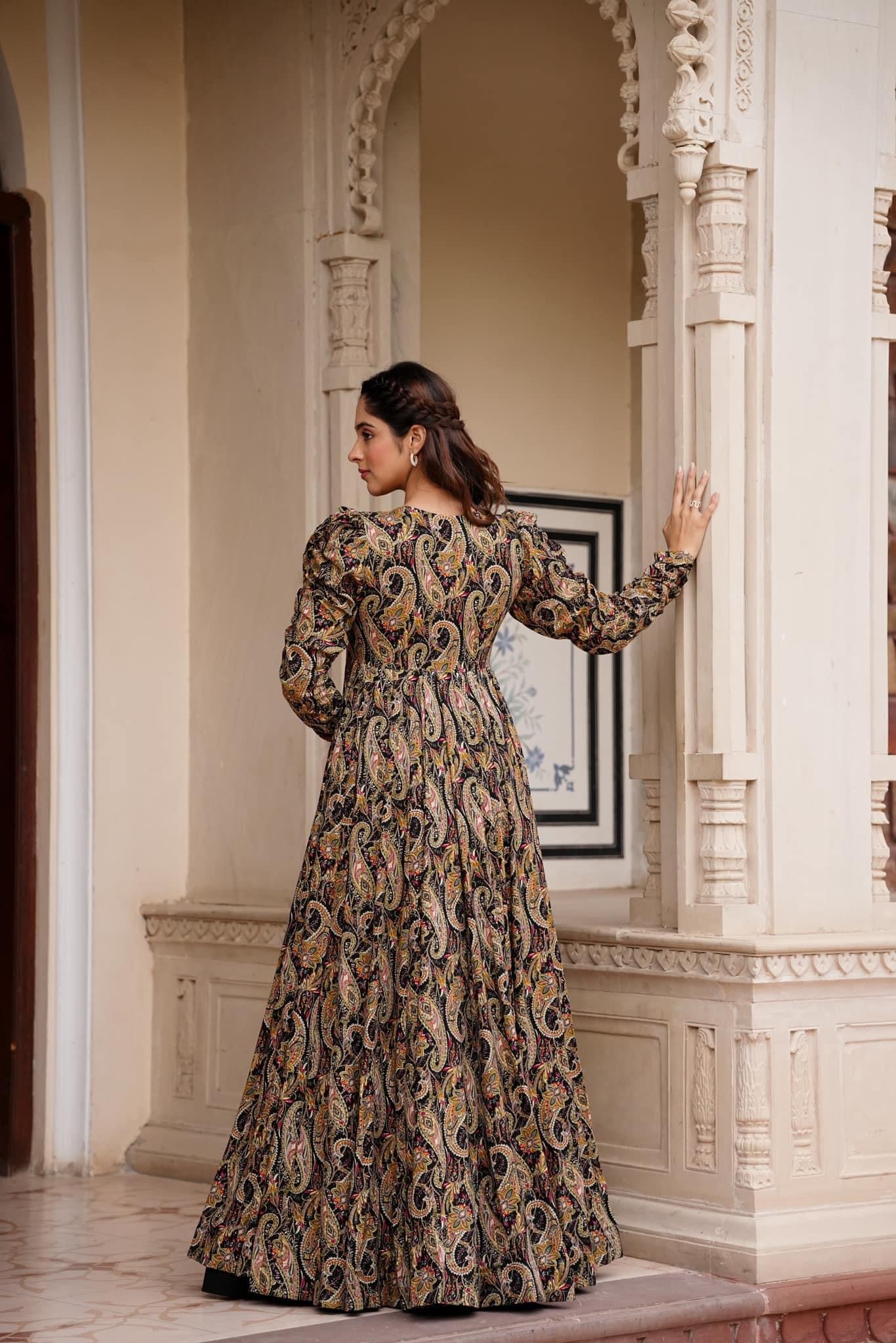 Black 3-Piece Designer Suit: Crop Top, Palazzo Pants & Shrug ClothsVilla