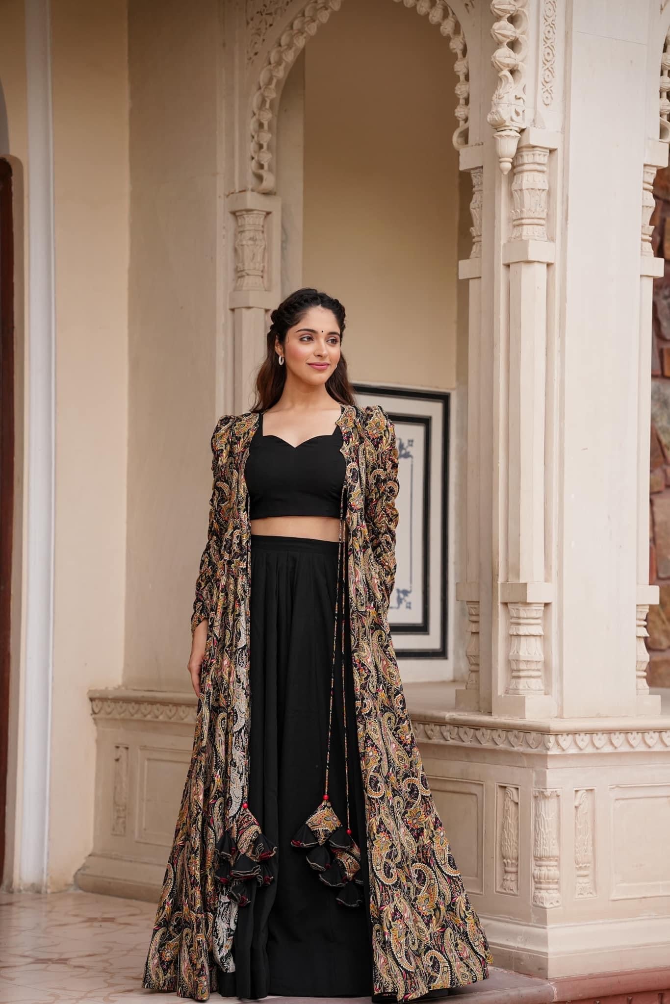 Black 3-Piece Designer Suit: Crop Top, Palazzo Pants & Shrug ClothsVilla