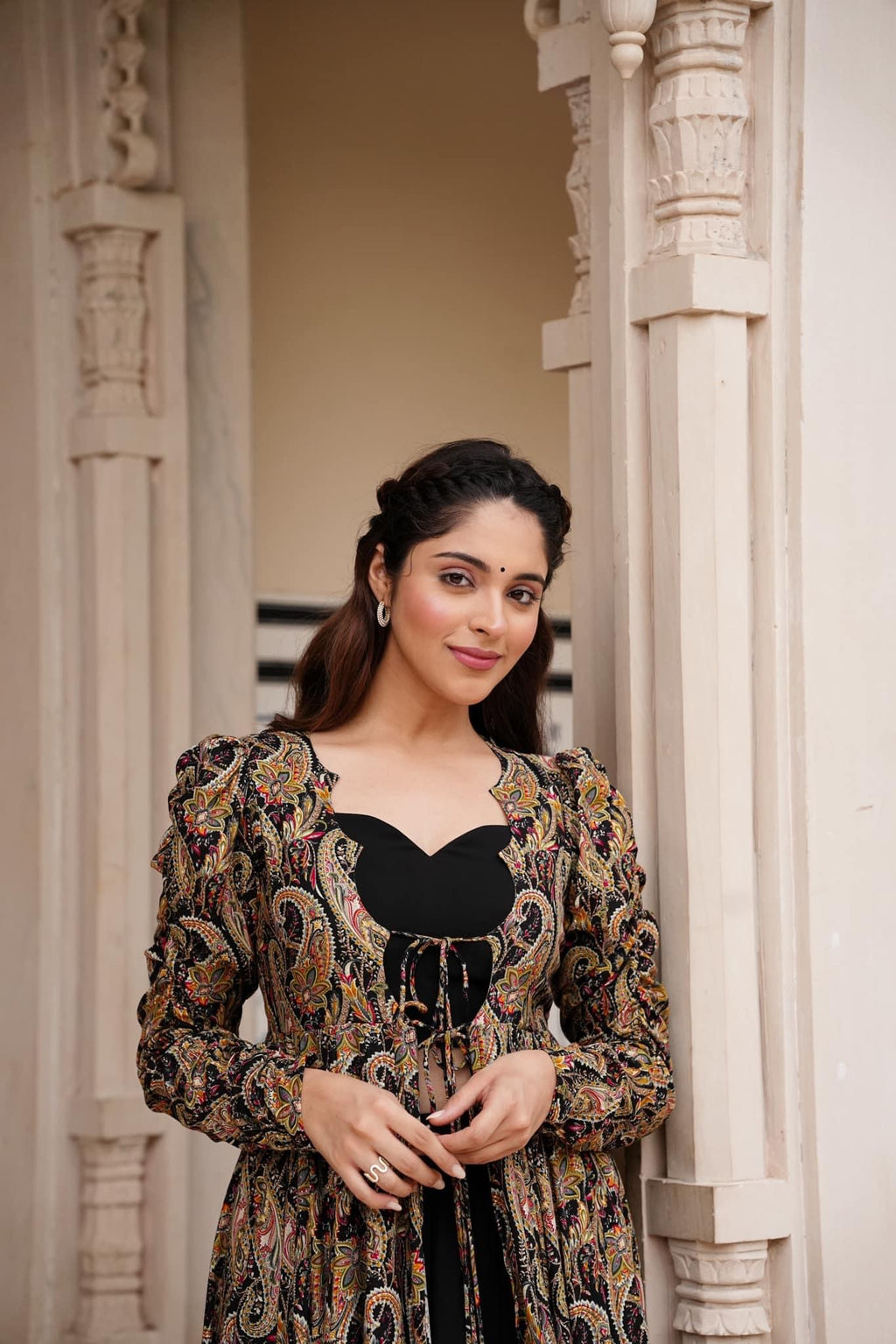 Black 3-Piece Designer Suit: Crop Top, Palazzo Pants & Shrug ClothsVilla