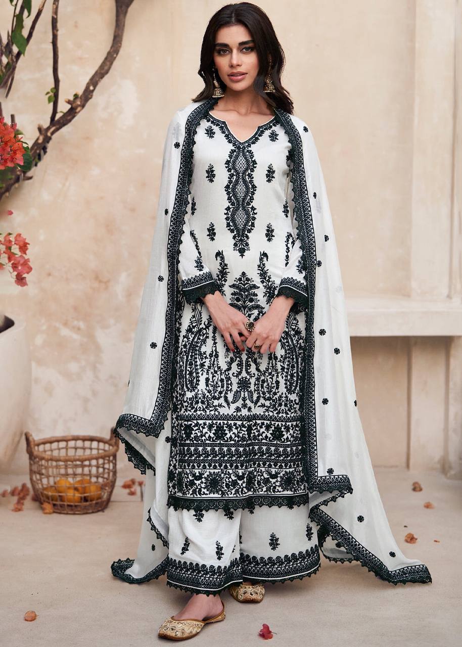 Black And White Chikankari Kurta With Palazzo Set, Designer Premium Silk Pakistani Salwar Suit, Pakistani Dress, Eid Straight Salwar Suits