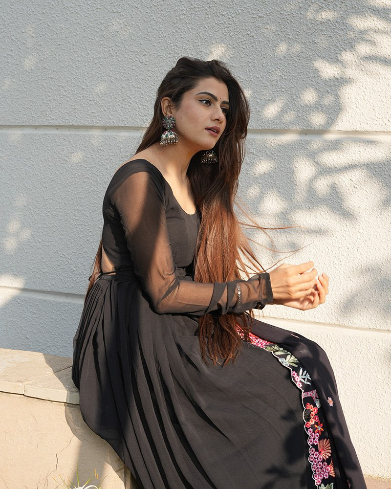 Black Backless Georgette Anarkali Suit with Embroidery Dupatta ClothsVilla