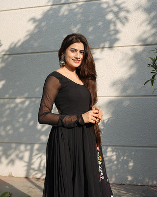 Black Backless Georgette Anarkali Suit with Embroidery Dupatta ClothsVilla