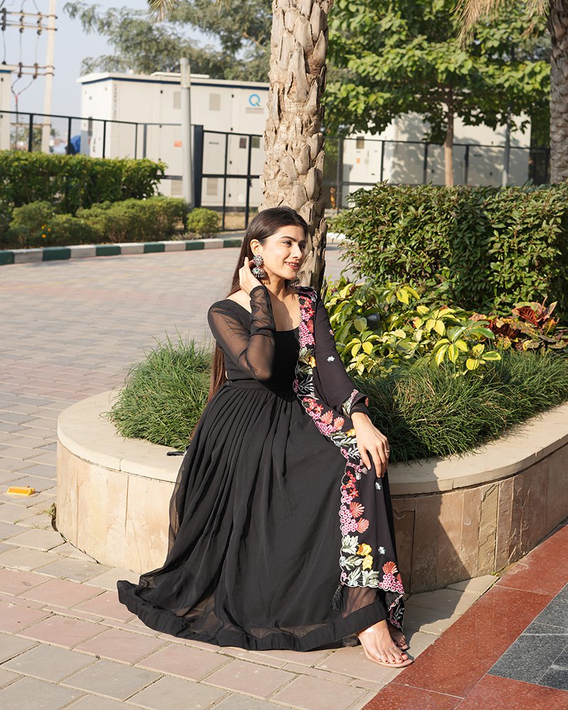 Black Backless Georgette Anarkali Suit with Embroidery Dupatta ClothsVilla