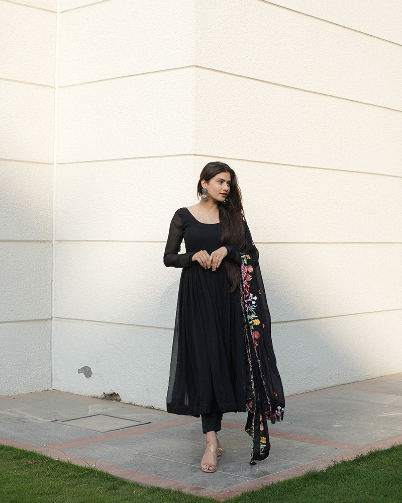 Black Backless Georgette Anarkali Suit with Embroidery Dupatta ClothsVilla