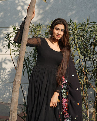 Black Backless Georgette Anarkali Suit with Embroidery Dupatta ClothsVilla