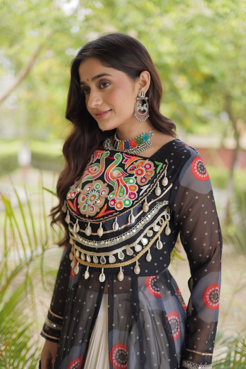 Black Bandhani Kurti with Lehenga ClothsVilla