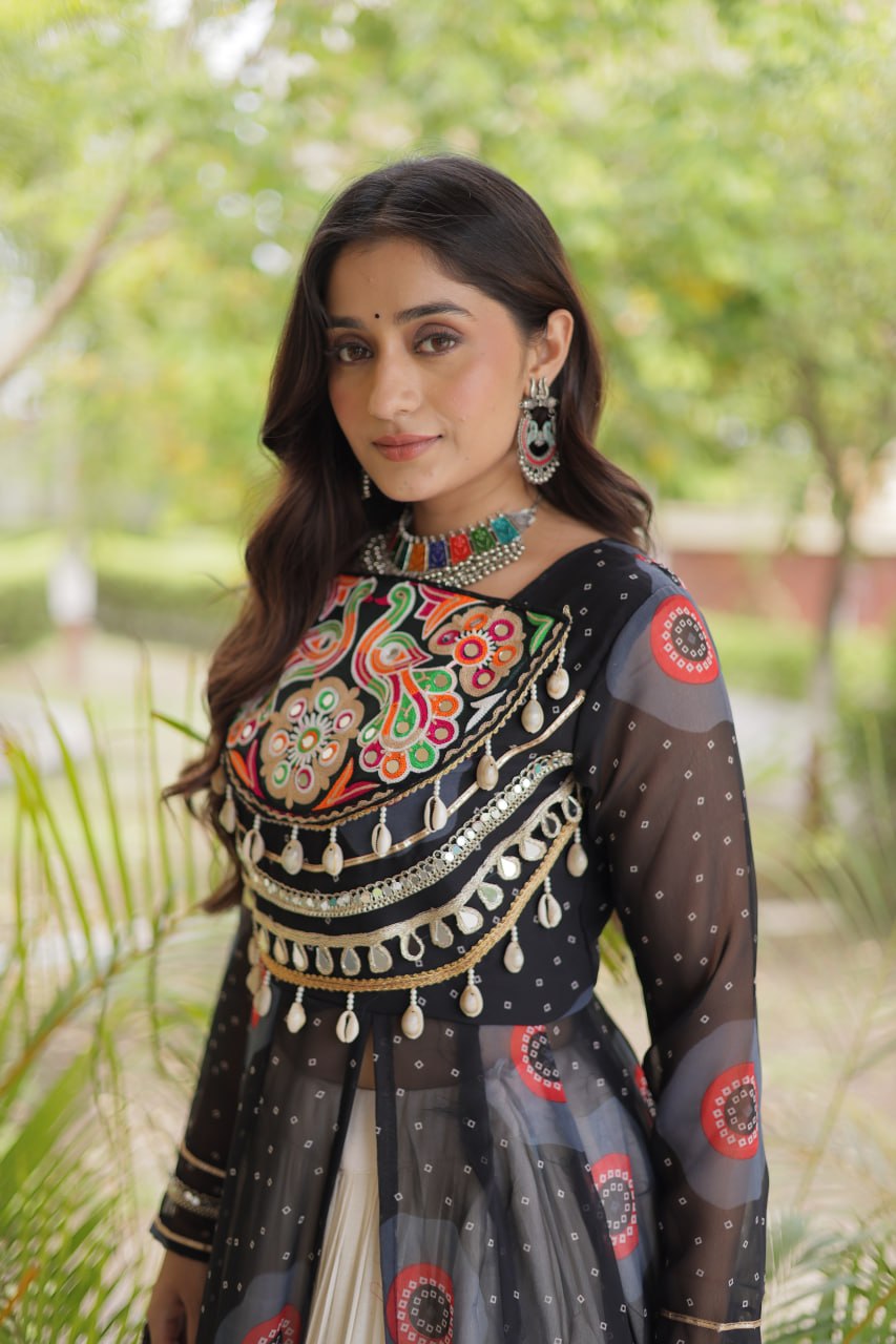 Black Bandhani Kurti with Lehenga ClothsVilla
